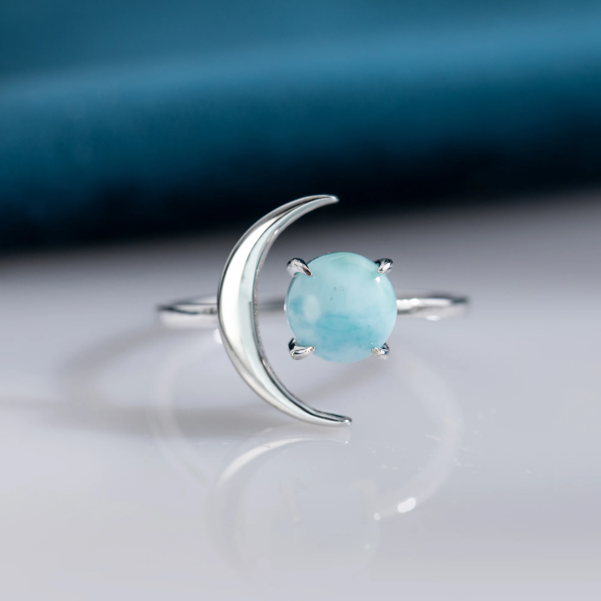 Women Resizable Moonstone Ring 925 Sterling Silver Round Natural Gemstone Healing Crystal Larimar and Moon Birthstone Rings