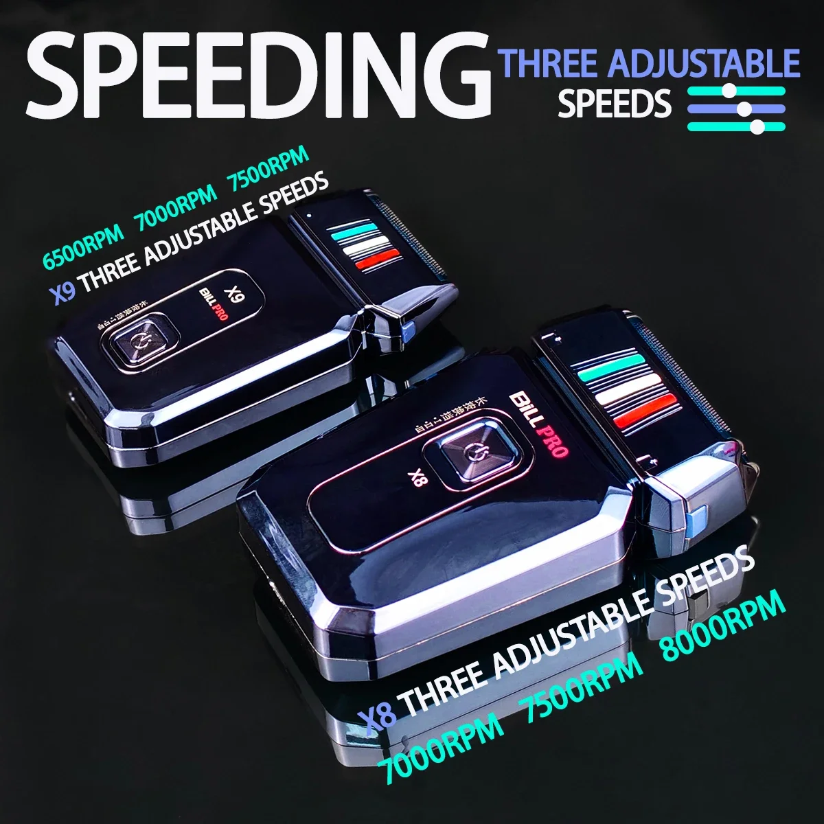 BILLPRO X8 X9 3 سرعات ماكينة حلاقة احترافية لتشذيب الشعر الأزرق المطلي بالتيتانيوم سكين شبكة رقيقة جدا مقص الشعر للرجال اللحية