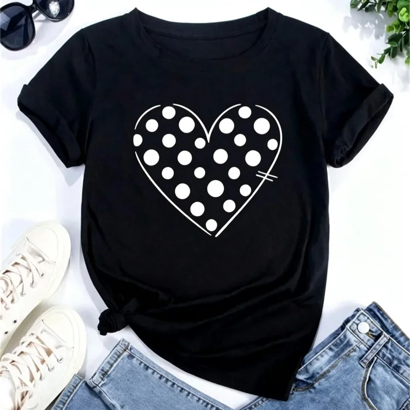 New Women's Love Printed Short Sleeve T-shirt with Multiple Styles, Fashionable and Versatile, Black Round Neck Cotton Top