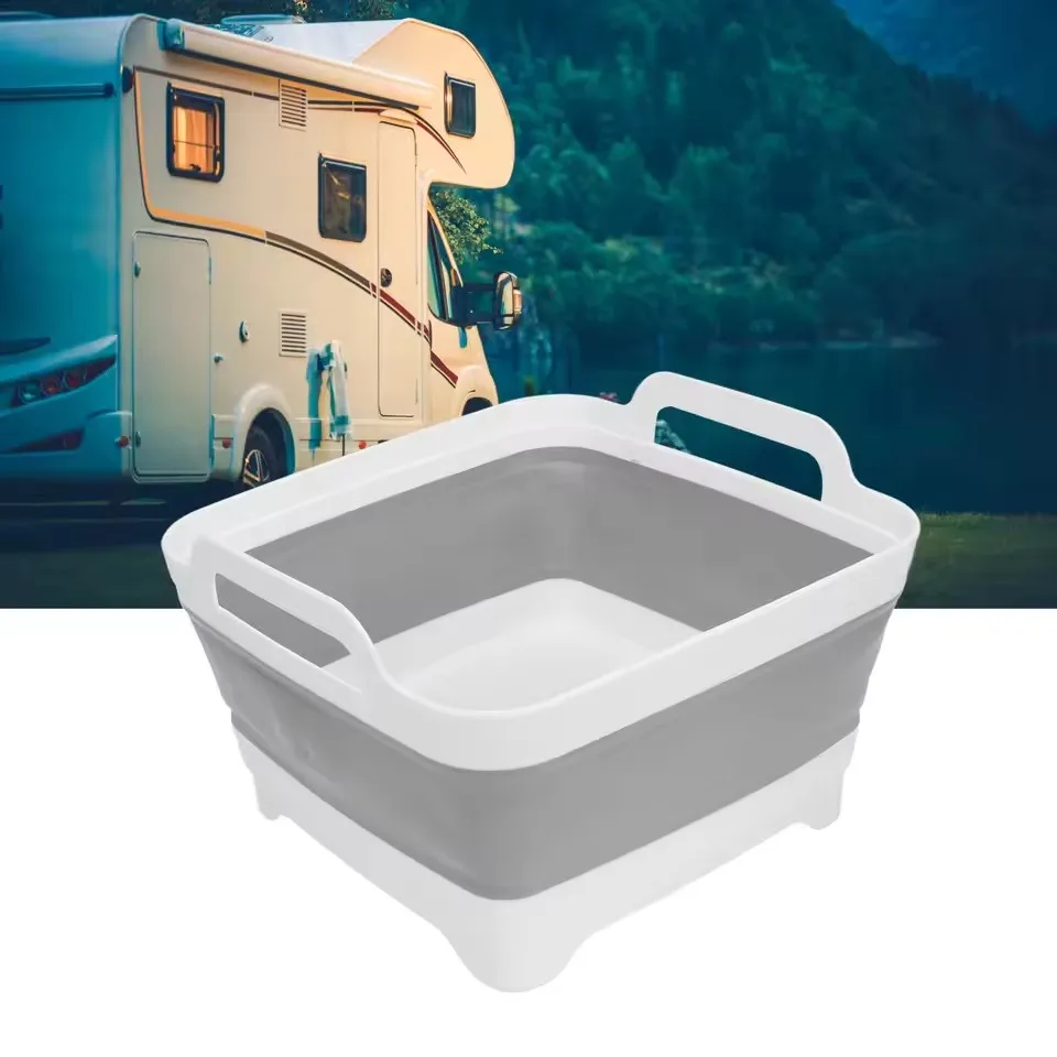 Bañera de lavandería plegable RV, lavabo de platos plegable, bandeja de almacenamiento de cocina con tapón de drenaje, mango lateral para Campervans RV