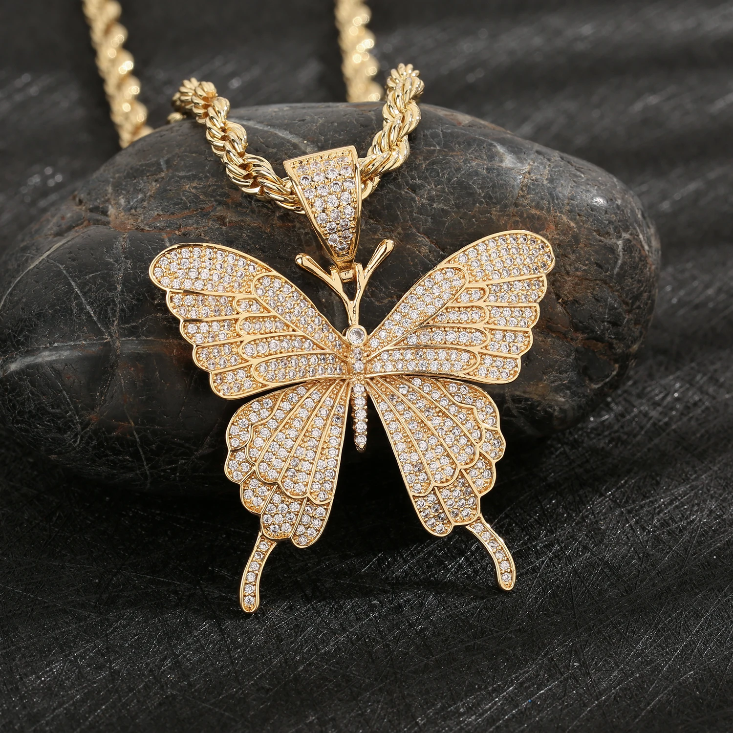Fashion Hip-hop Shiny Zircon Large Butterfly Pendant Rap Cuban Chain Diy Custom Women\'s Party Jewelry