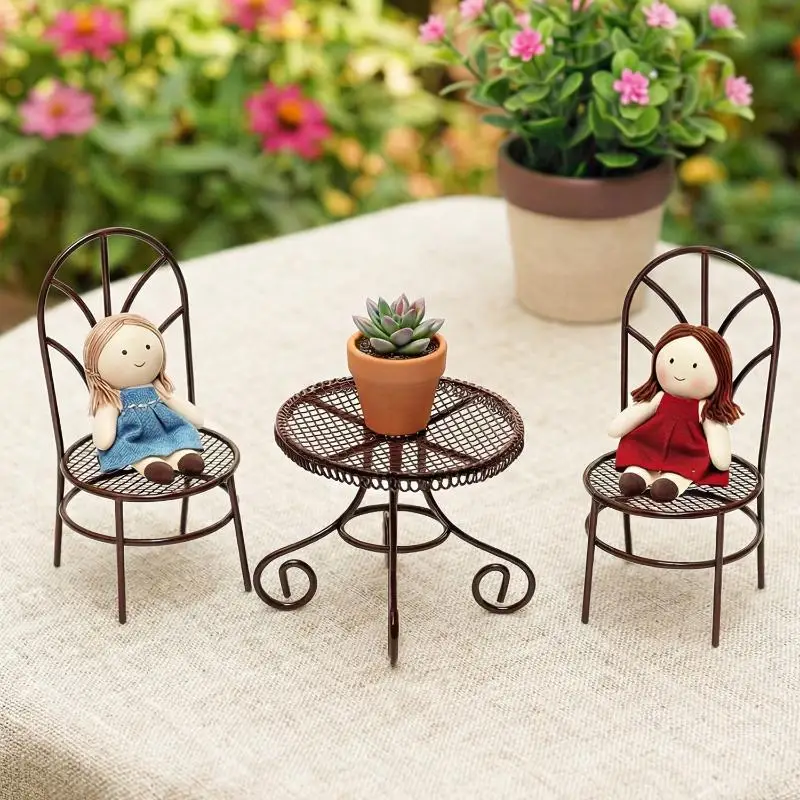 1/3Pcs Dollhouse Garden Display Ornament Prop Accessory Miniature Table Chair Model Tiny Home Decor Iron Furniture view 4