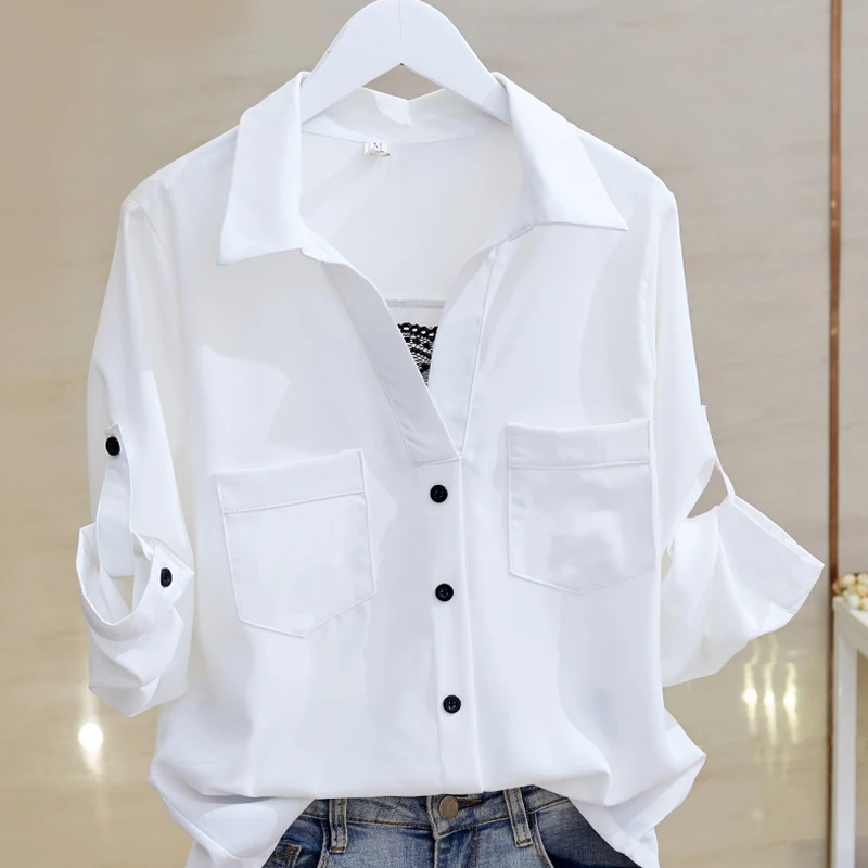 Lace Patchwork Shirts for Women, Vintage Turn-Down Collar, Pocket Slim Tops, Elegant Office Lady Outwear, White, Summer, 2024