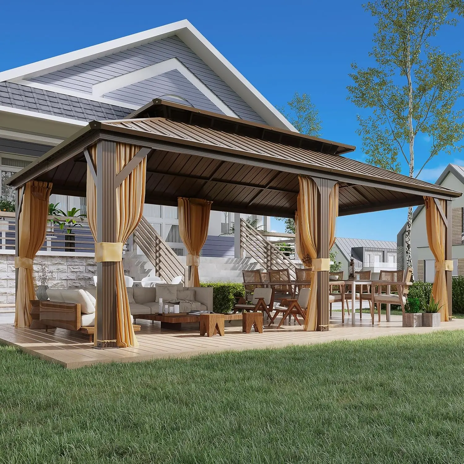 12ft X 20ft Multifunctional Outdoor Gazebo with Waterproof PVC Roof Metal Hardtop Nature Pressure Treated Wood for Patio Gardenp