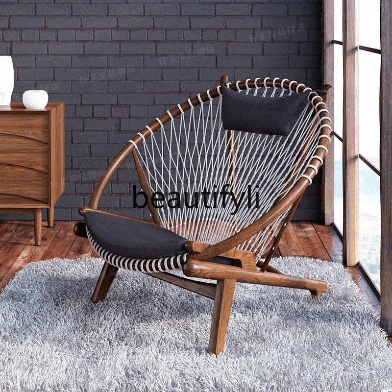 

Rope Woven Lazy Sofa Chair Reading Art Recliner Round Single Conversation Chair Solid Wood Balcony Leisure Home Use