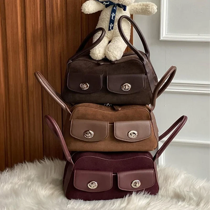 

Suede Cowhide Leather Women's Shoulder Bag Boston Women Soft Cowhide Crossbody Bag Designer Luxury Texture Lazy Commuter Handbag