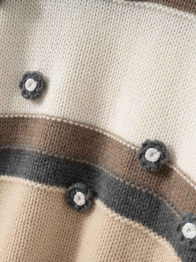 TLOML Heavy Duty Hand Embroider Women 100% Cashmere Sweater O-neck Color Block Pullover knitwear Autumn Winter Thick Loose Tops