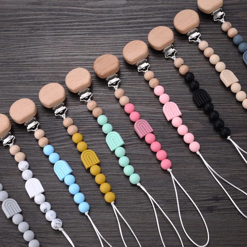 Baby Beech Pacifier Clip Baby Anti-drop Pacifier Chain Silicone Rainbow Beads Teething Chain Toy Gifts Dummy Holder Nipple Clip