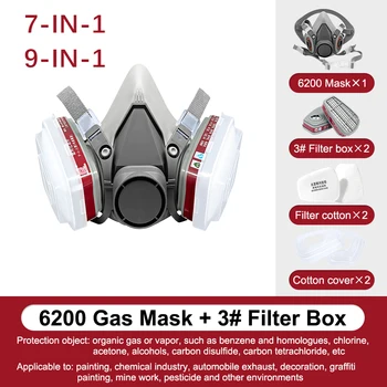 가스 마스크 6200 호흡기, 페인팅 스프레이용 하프 페이스 헤드 착용, 스모그 방진 화학 필터, 미립자 면