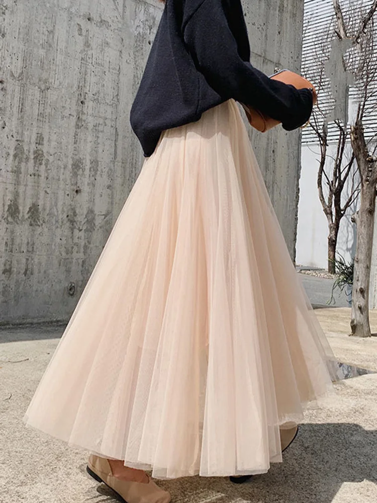 Mesh Long Skirt Elastic New Summer Waist Elegant Pleated High Waist Ball For Spring Autumn Vintage