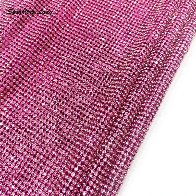 Embroidered Diamond Mesh Fabric Sparkle Hot Pink Metal Net Crystal Rhinestone Chain Link Fabrics For Garment Bags Designer DIY