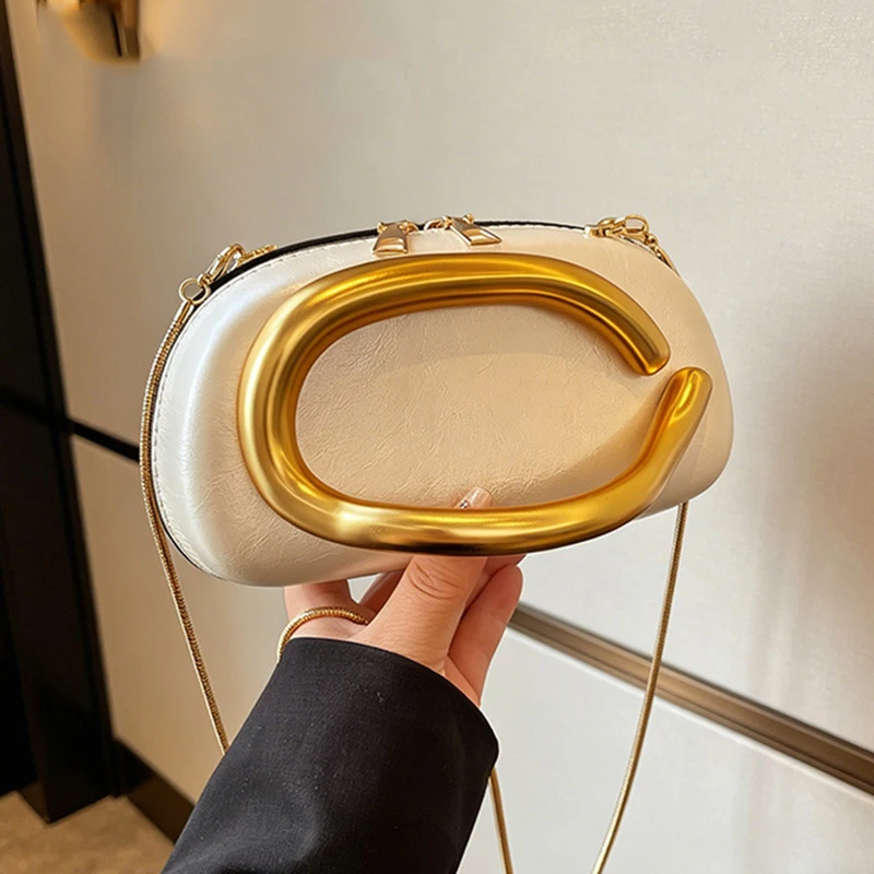 

New Clutch Bag Metal Handle Design Evening Bag Round Box Chain Bag Elegant Woman Shoulder Bags PU Crossbody Bag