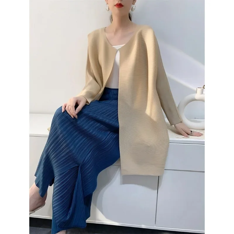 Miyake Pleated Loose Coat Women's Cardigan Medium Long Double Layer Long Sleeve Comfortable Casual Shirt