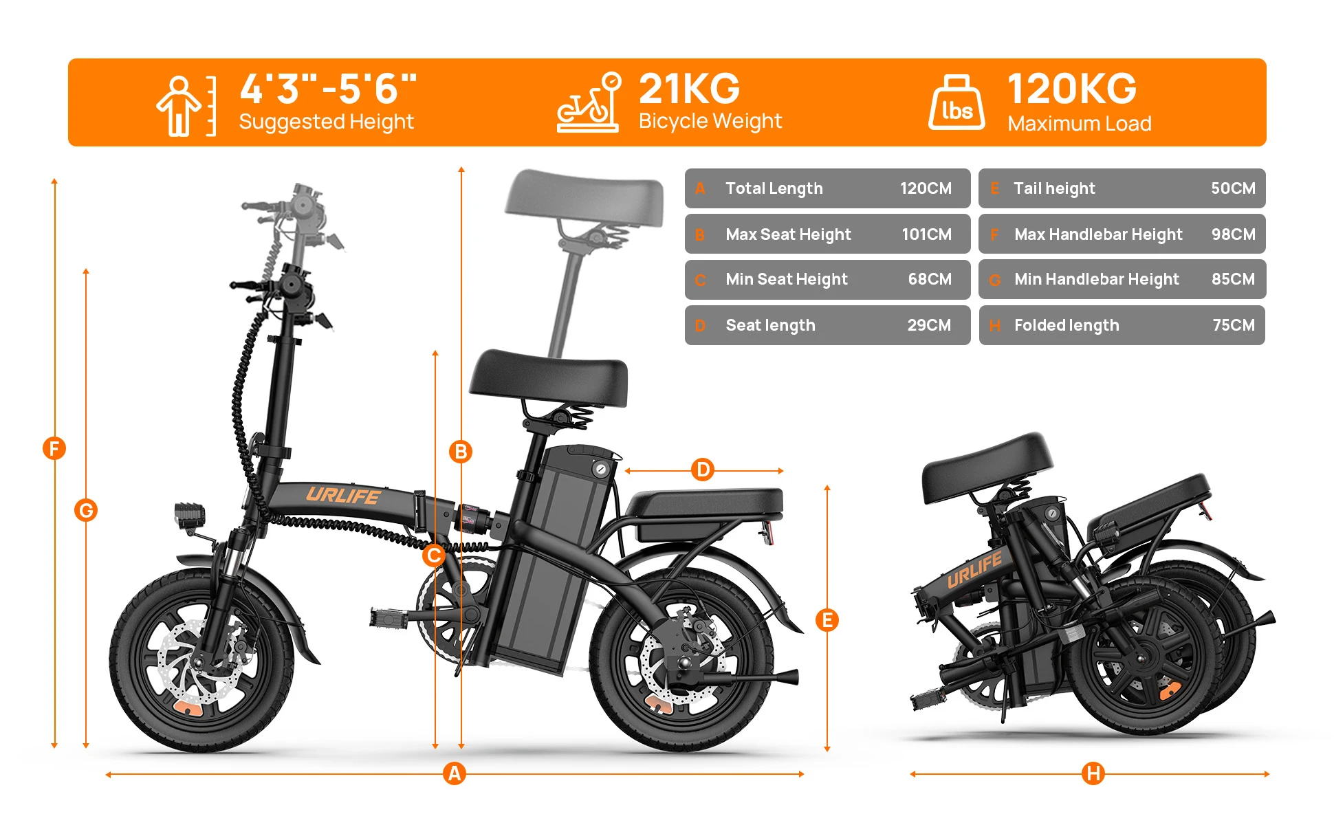 URLIFE F1L Erwachsenen-Elektrofahrrad 250W Motor Faltbares E-Bike 48V 7,5AH 14 Zoll Reifen City-Pendler-Elektrofahrrad – Detail 4