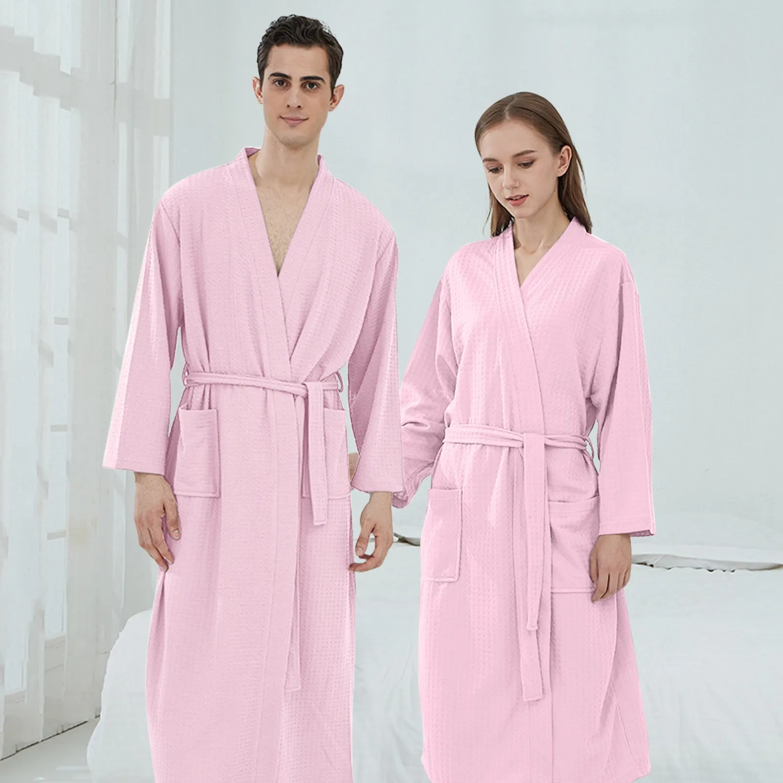 Waffle Bathrobe For Ladies Men Couple Cloth Robe Sleepwear Dressing Gown With Pocket V-Neck Lace-Up New In Women\'s Sleepwear