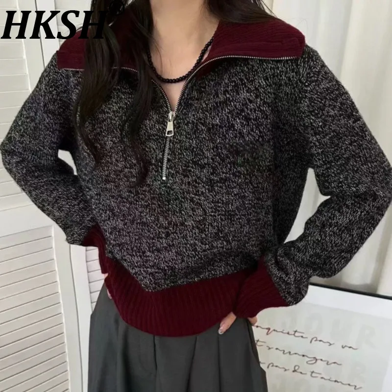 

HKSH 2023, осенне-зимний новый женский свитер с отложным воротником, цветная застежка-молния, универсальный высококачественный шикарный вязаный топ HK15696