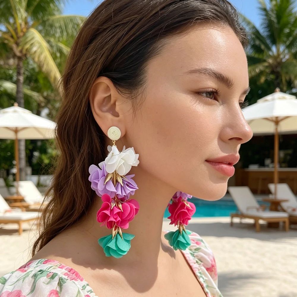 Ethnische bunte Blumen-Quasten-Ohrclips für Damen – Trend 2026, übertriebene Boho-Ohrclips ohne Piercing, Sommer-Schmuckgeschenke – Detail 2