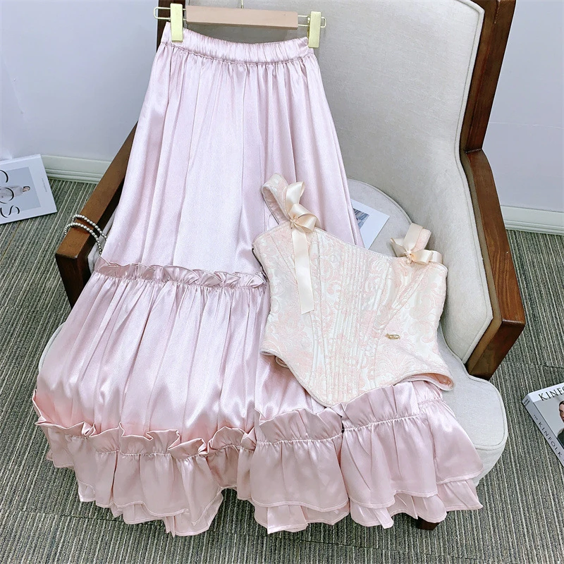 Vintage Pink Women Skirt Luxury Designer Runway Style, High Quality European Trendy Chic Elegant Skirts for Lady Formal Party