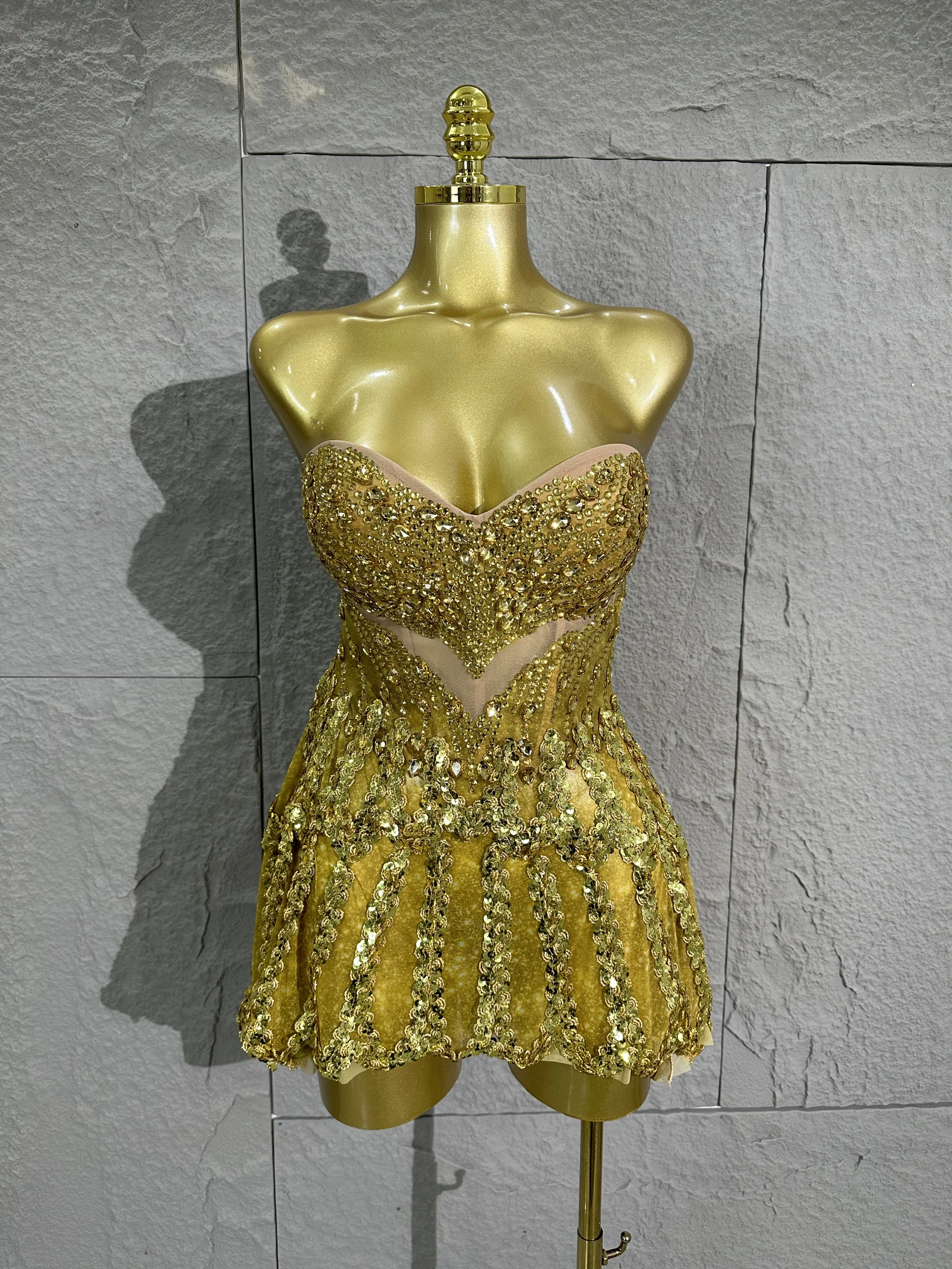 

Женское сексуальное вечернее платье для ночного клуба, коктейльная вечеринка, золотое роскошное короткое платье с блестками и бриллиантами, платье на день рождения