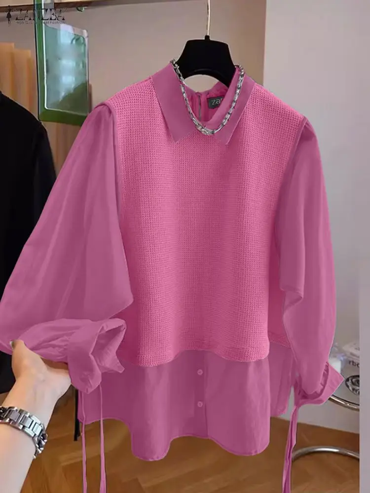 

ZANZEA большие размеры вафельные лоскутные блузки женские весенне-осенние рубашки с длинным рукавом и воротником из двух предметов ленивые свободные топы 5XL