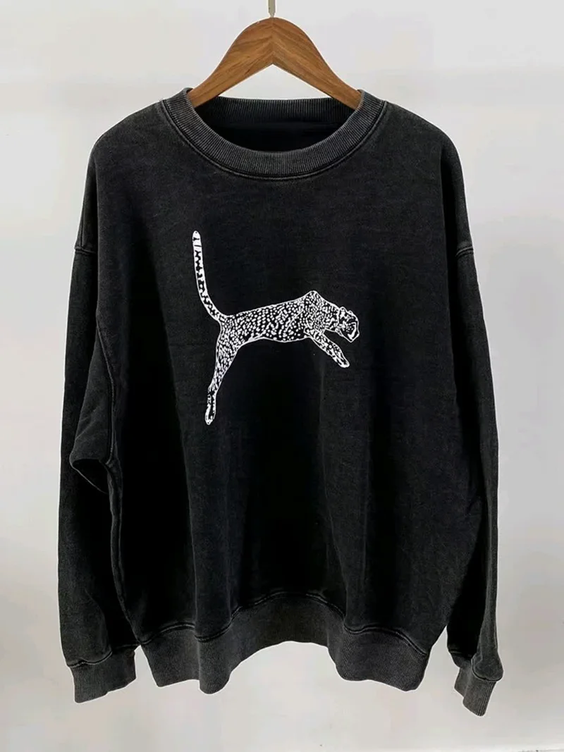

Hoodie unisex 2025 autumn/winter chest leopard pattern loose and comfortable gray pure cotton warm sportswear