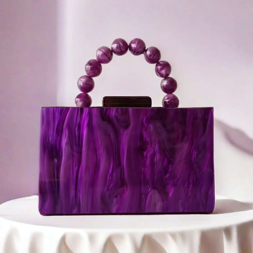 Top Puple Beaded Handle Marble Acrylic Box Clutches Women Shoulder Gift Female Mini Beach Female Flap Wallet Handbag And Purses