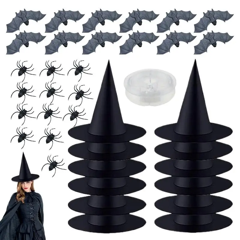 12pcs/set Halloween Witch Hat Wizard Hat Black Party Hats with Spiders & Bats Tree Ornaments Photo Props Halloween Decorations