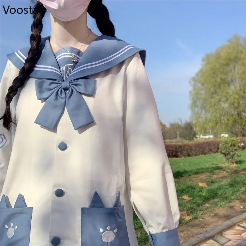 Japanese School Uniform Suit Bowknot Sailor Collar Cartoon Cat Spring Autumn Long Sleeve JK Uniform High Waist Pleated Skirt Set