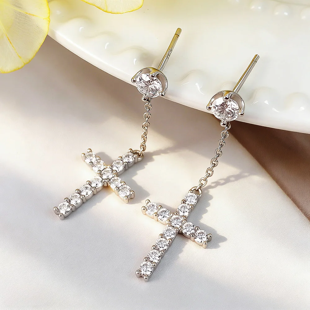 

Full 2-4MM Moissanite Cross Pendant Earrings with Certificates 100% 925 Sterling Silver For Women Man Fine Jewelry Gift