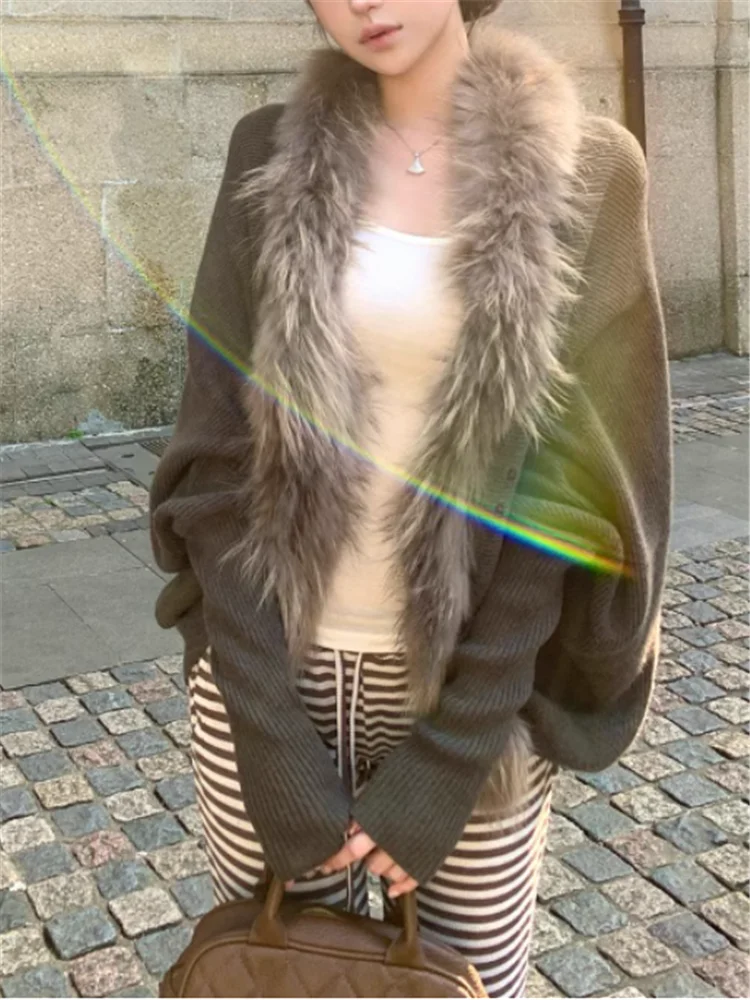 

Fall Winter Women Fur Patchwork Short Sweater Shawl Lazy Style Long Batwing Sleeve Knitted Cardigan Top Long Sleeve Casual Coat
