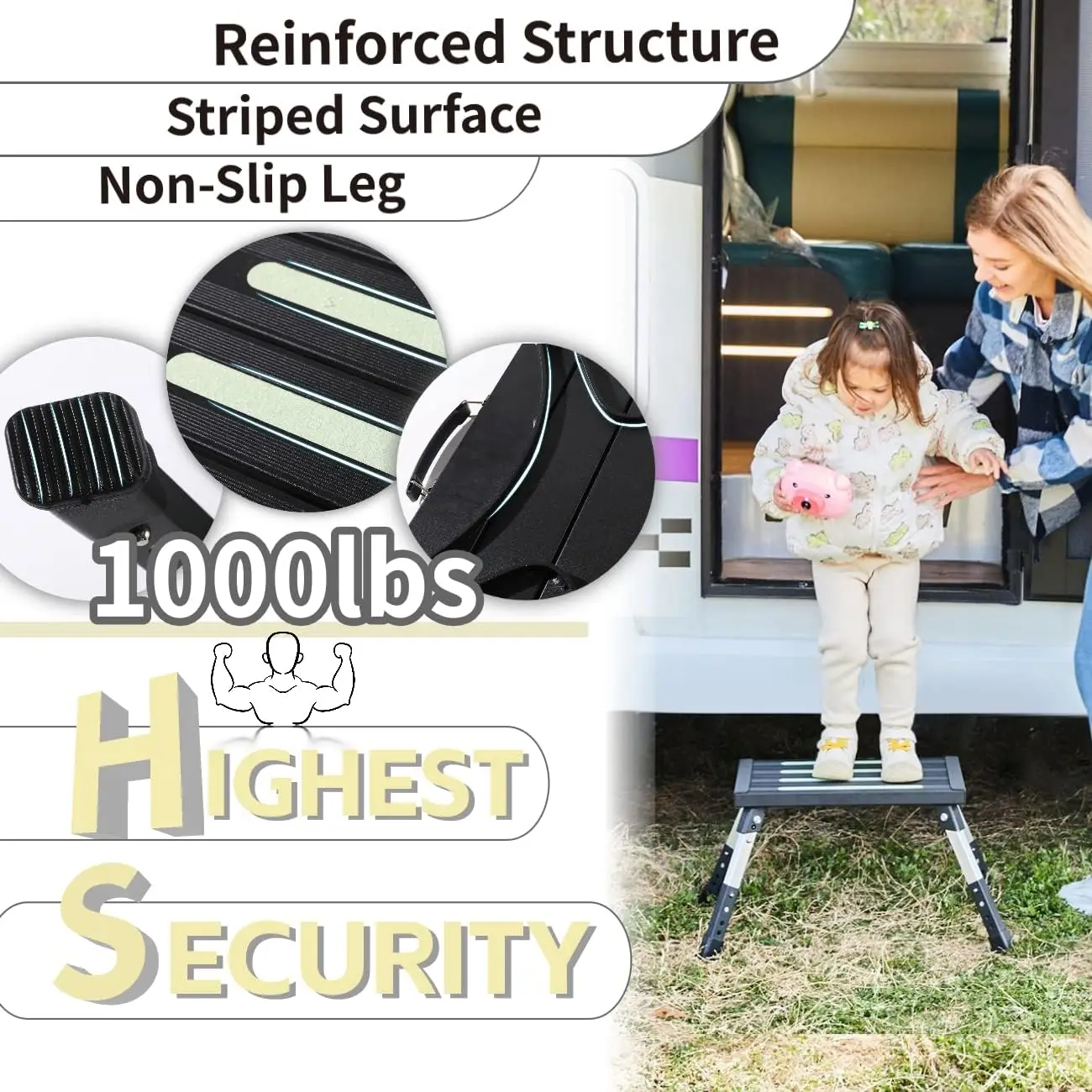 1000Lbs Heavy Duty Rv Steps, 4 Levels Adjustable Step Stool, Portable Folding Step Stool, Easy Use Camper Steps for Rv/Trailer/