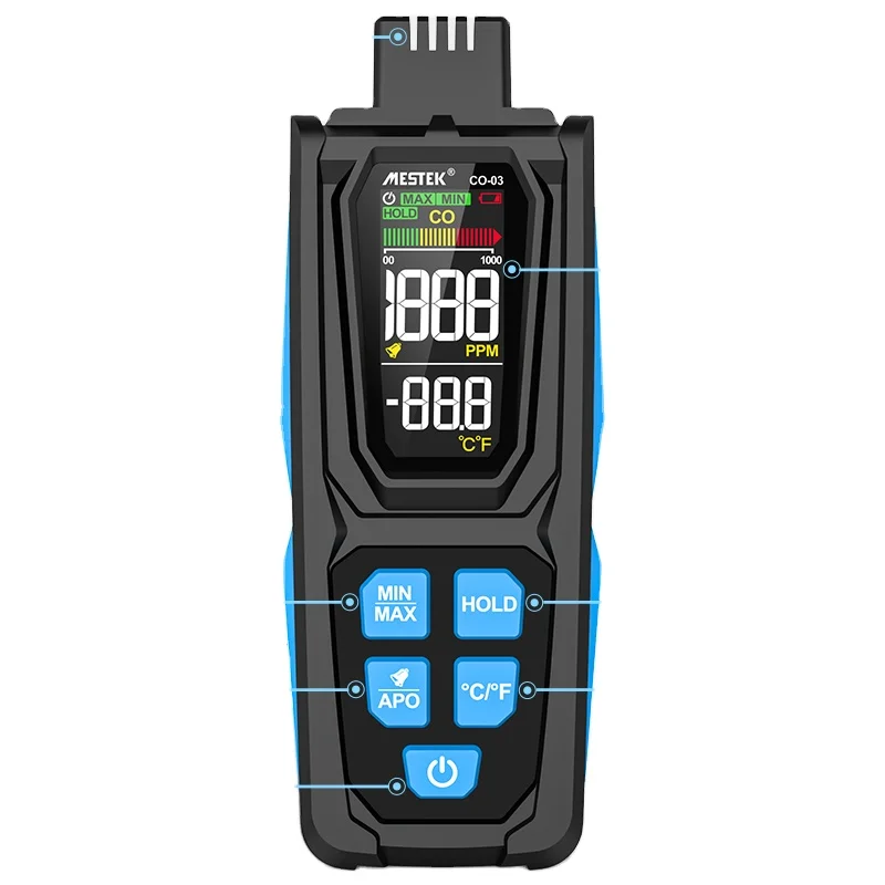 Real-time monitoring of gas meters Double alarm Indoor CO-O3 ambient air quality detector Temperature and humidity detection