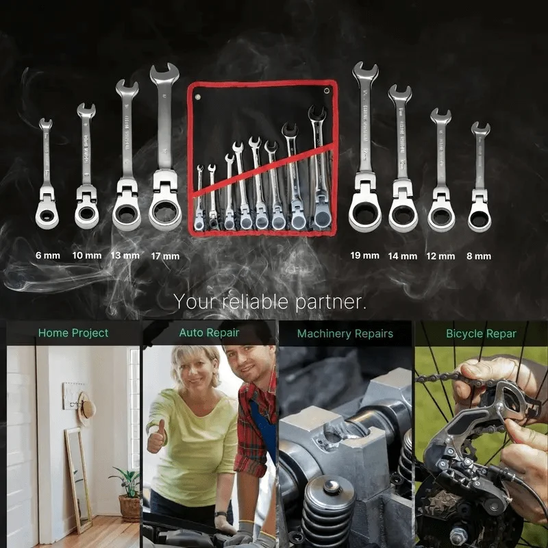مجموعة مفاتيح ربط برأس مرن مكونة من 12 قطعة، مجموعة مفاتيح تصعيد، متري 8-19 مم، 72 سنًا، مجموعة مفاتيح ربط بسقاطة من الفولاذ Cr-V مع حقيبة