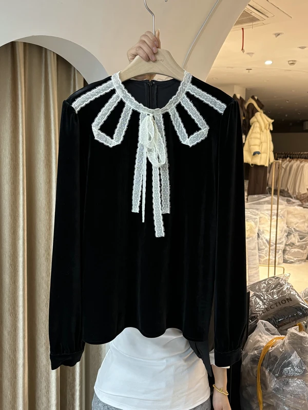 

Элегантный бархатный топ с кружевным узлом, женская модная тонкая бархатная рубашка для весны и лета, повседневный стиль, прямой крой