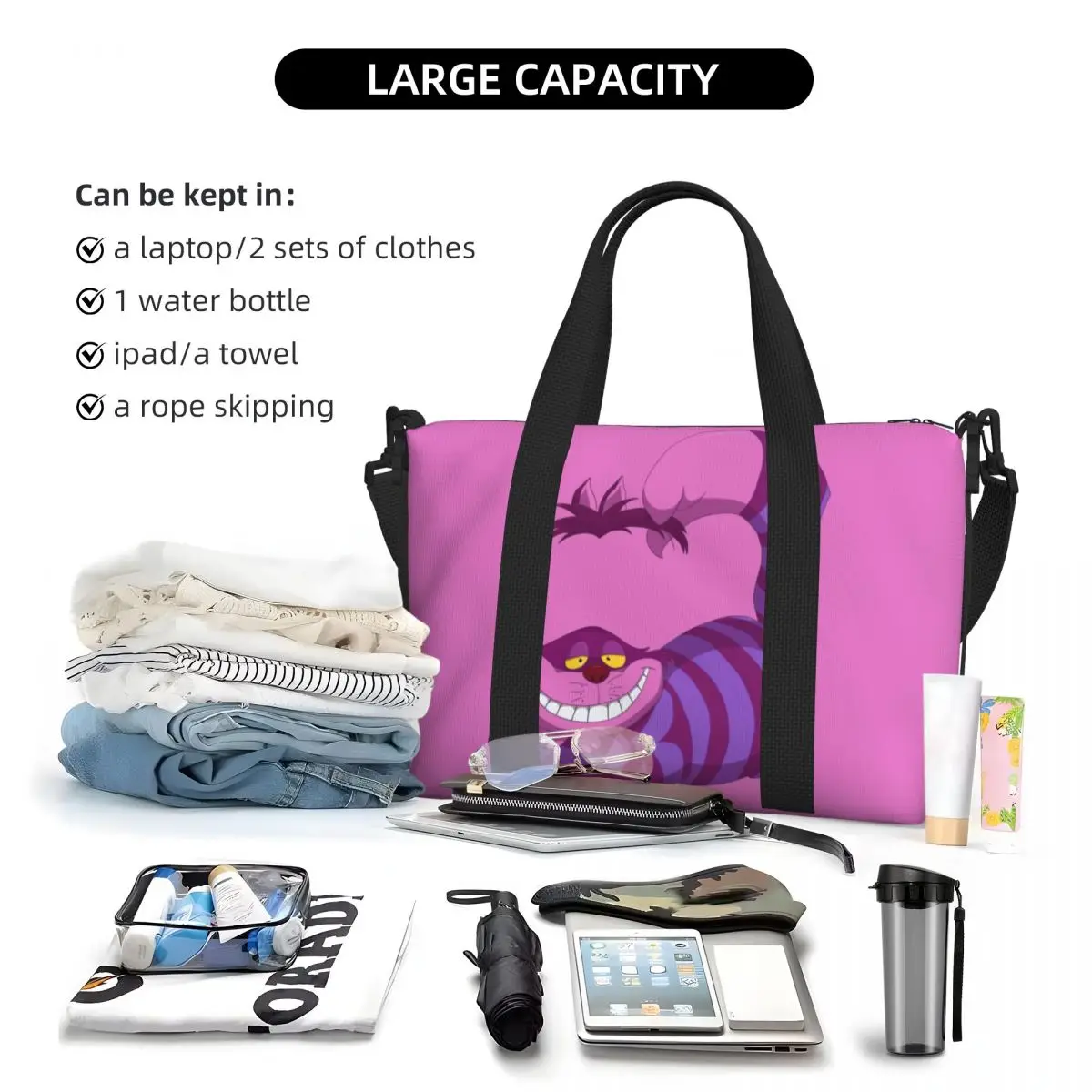 Custom Cheshire Cat Anime Beach Tote Bag Women Extra Large Gym Carry On Alice In Wonderland Travel Shopping Bags