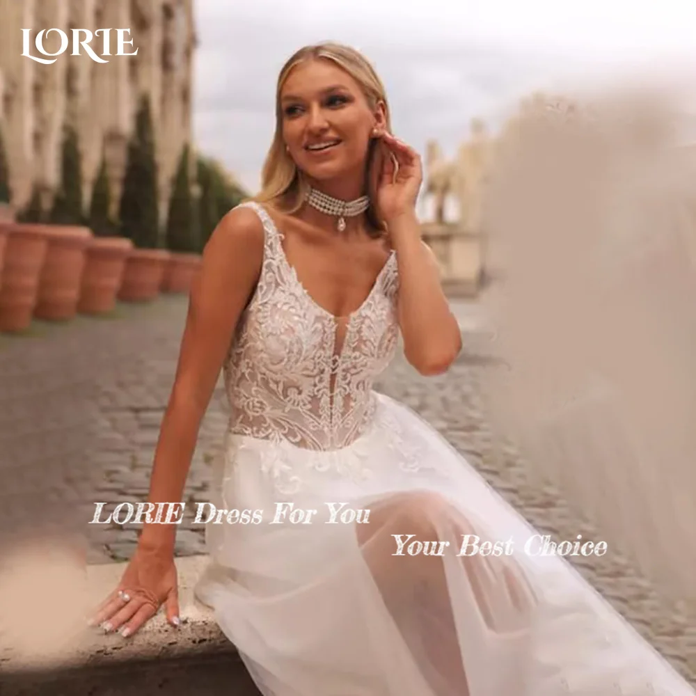 

LORIE Lace Boho Wedding Dress Lace Appliques Tulle Backless Beach Wedding Gown Off Shoulder 3D Flowers Princess Bridal Dress