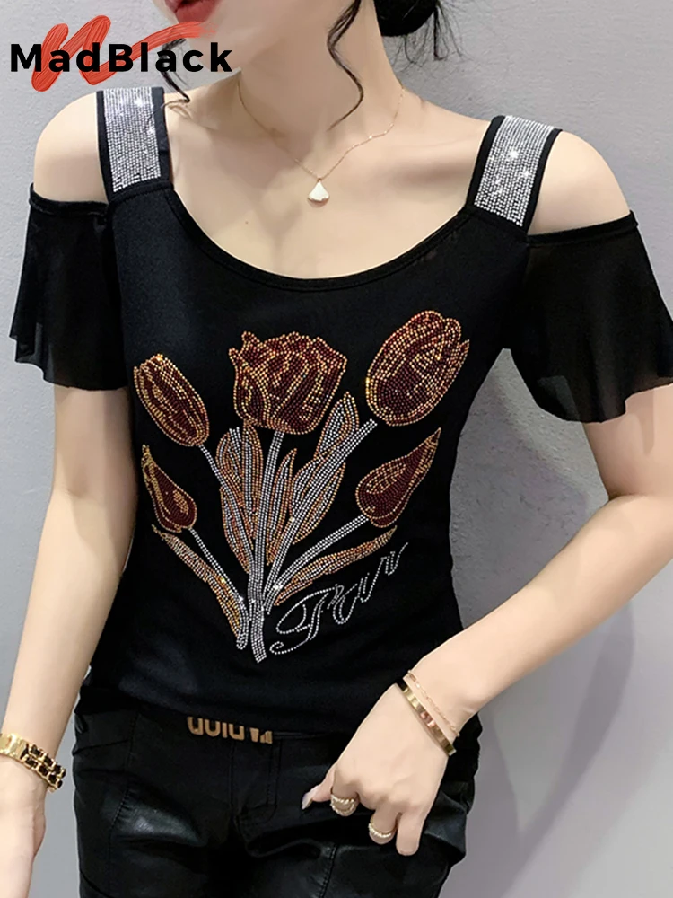 

MadBlack Summer T-Shirt Chic Sexy Off Shoulder Ruffles Shiny Diamonds Flower Women Tops Short Sleeve Hand Make Tees T27303L