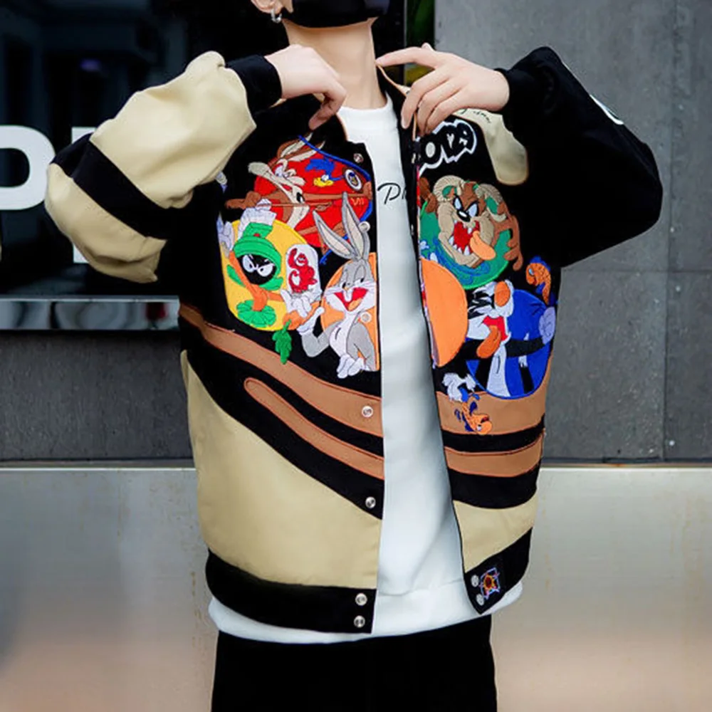 Mens Jackets Hip-Hop Retro Motorcycle Cartoon Fun Baseball Jackets Trendy Colorful Contrast Style Couple Outfits Unisex Jackets