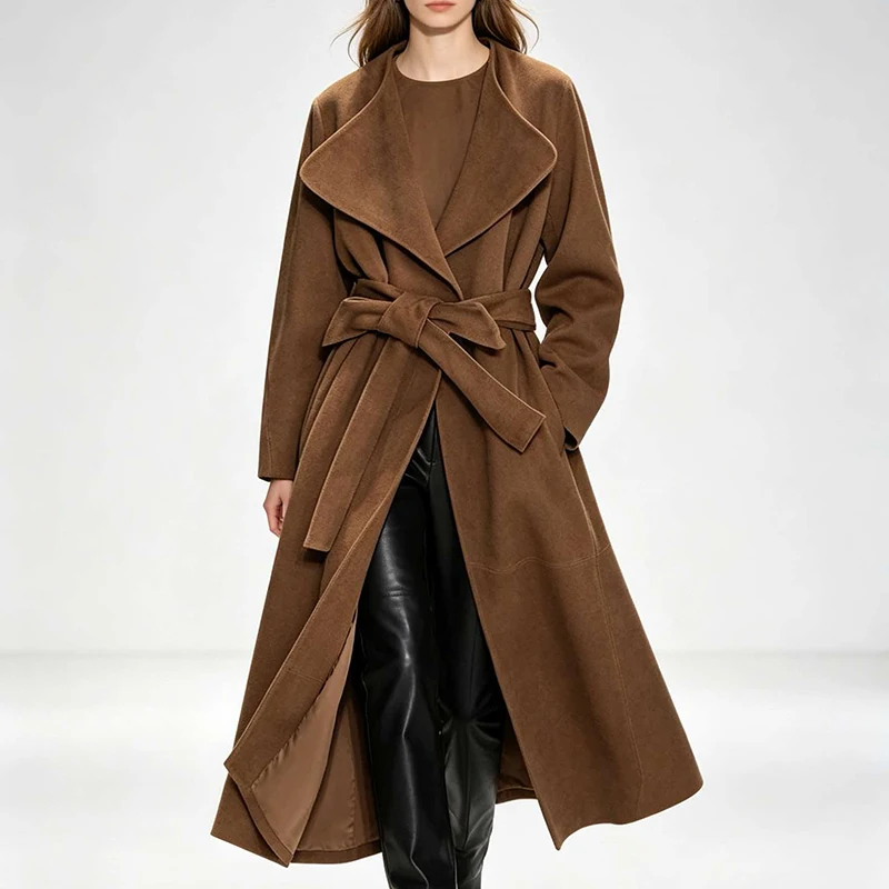 Women's Trench Coat Autumn Winter Fashion Lapel Belt Waist Closing Slim Cowhide Cow Suede Jacket Brown Long Windbreaker Female