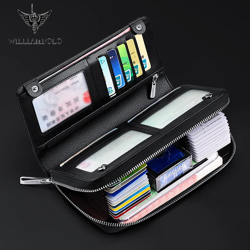 WILLIAMPOLO Fashion Men\'s Wallet Coin Purse RFID Blocking Man Leather Clutch Wallet Zipper Busines Card Holder ID Money Bag Male