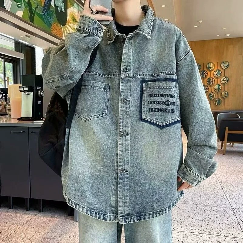 

Мужские джинсовые пальто с карманами в стиле ретро, японский рок, размер L из ткани, быстрая доставка, фирменная эстетичная винтажная мужская джинсовая куртка Y2k