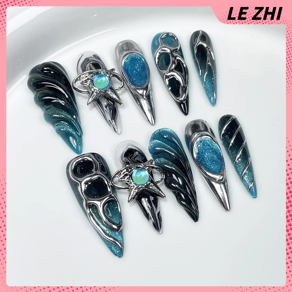 10Pcs Spice Girl Long Square Stiletto Handmade Press On Nail Golden Flower Star Magic Mirror Powder Pearl Diamond Fake Nails - view 4