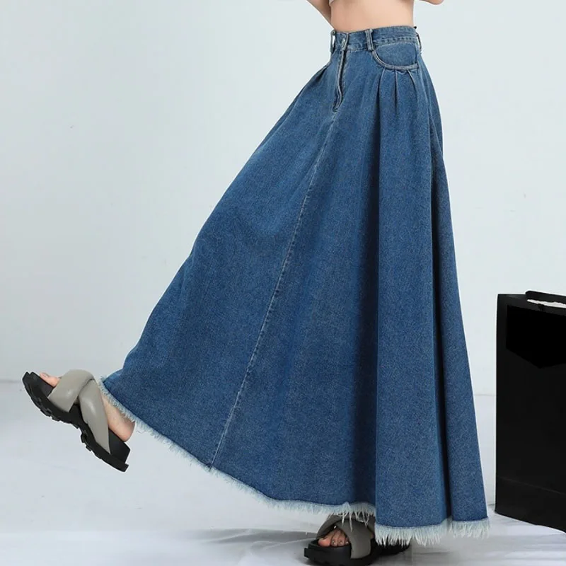 Fashion Tassel Hem Denim Long Skirts Womens Summer Vintage A- Line Maxi Jeans Skirt High Waist Women Long Skirt Korean - view 3