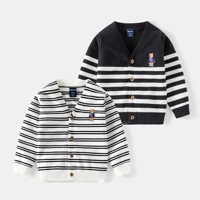 

Autumn Ins Infant Baby Boys Open Stitch Sweater Cotton Bear Embroidery Warm Kids Boy Coat V-collar Striped Children Boy Cardigan