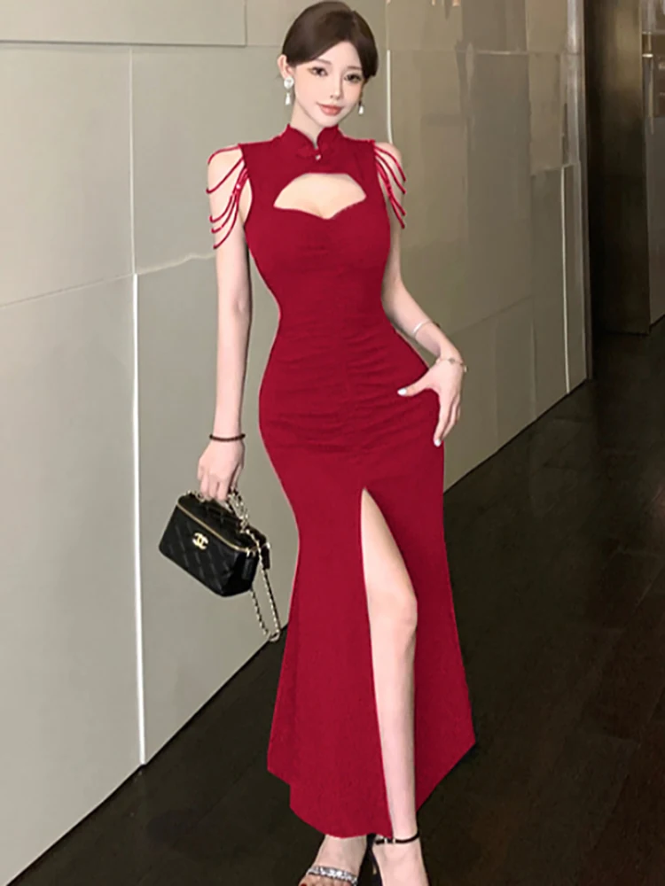 Feminino vermelho plissado bodycon oco para fora sexy vestido longo 2025 coreano vintage vestido de luxo verão elegante sem mangas vestido de baile