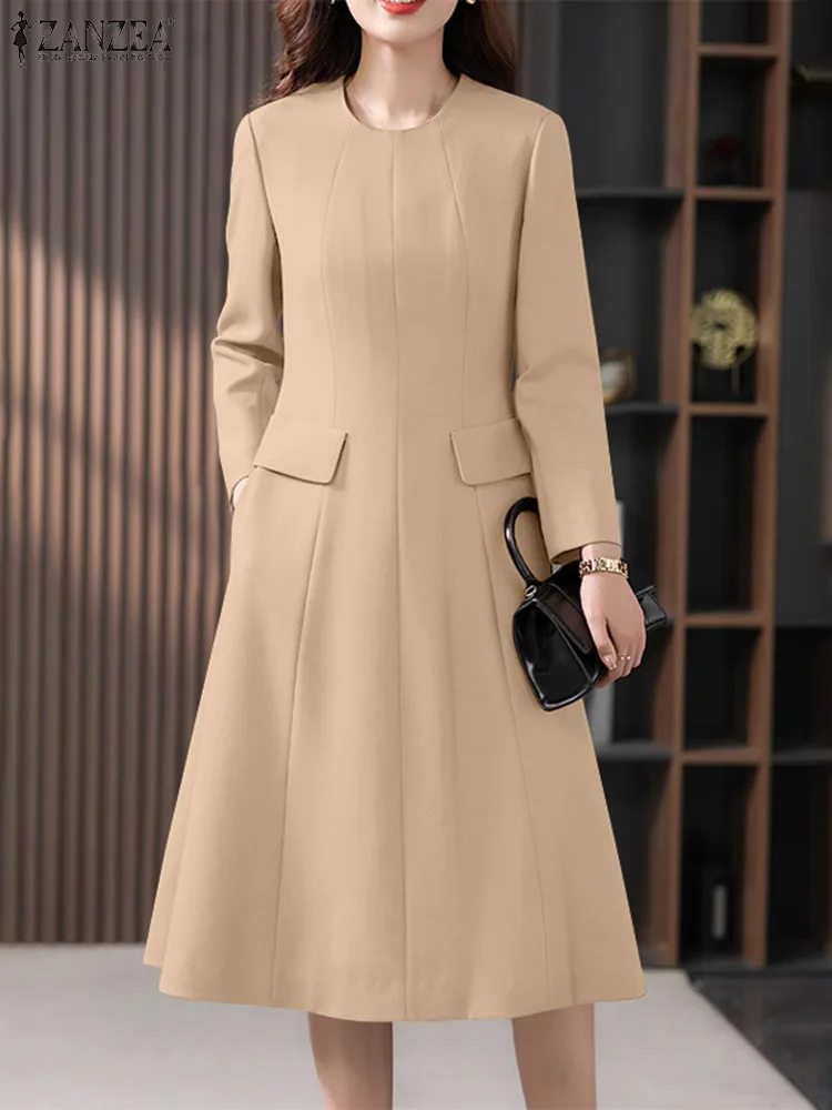 

ZANZEA Women Elegant Office Suit Dress OL Pleated A-line Long Dresses Female Collect Waist Vestidos 2024 Spring Round Neck Robes