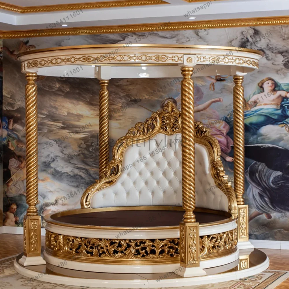 High End Baroque Style Bedroom Furniture Sets Gold Foil Wooden Luxury Round Canopy Beds