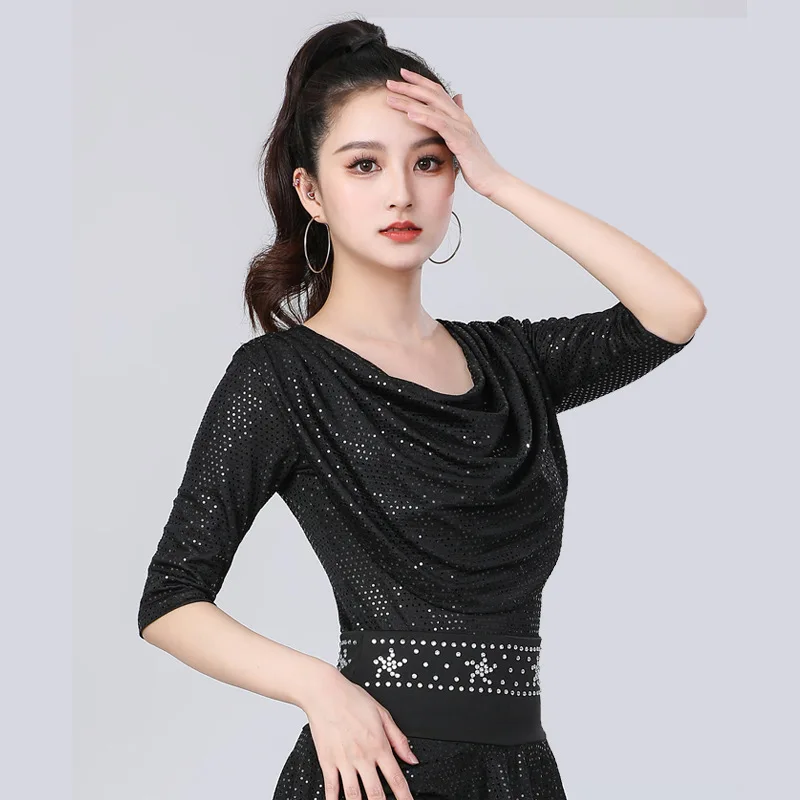 

2026 Spring Summer New Latin Dance Costumes Adult Sequined Pleated Tops Modern Dance Ballroom Clothes Performance