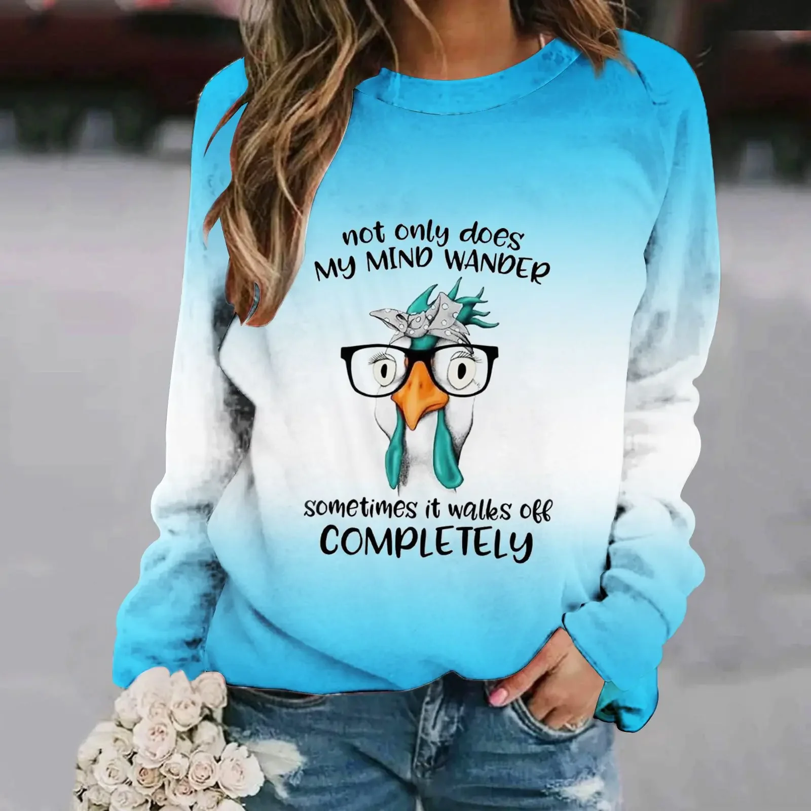 

Autumn winter season pumpkin funny digital printing shoulder sleeve casual women's sweater top blue cute crew neck regular