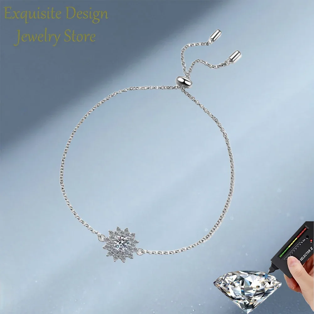 Ladys Sunflower 0.5ct Moissanite Bracelet, Platinum Pt950 Diamond Adjustable Bracelet Wedding Fine Jewelry Fiancee Gift for Girl